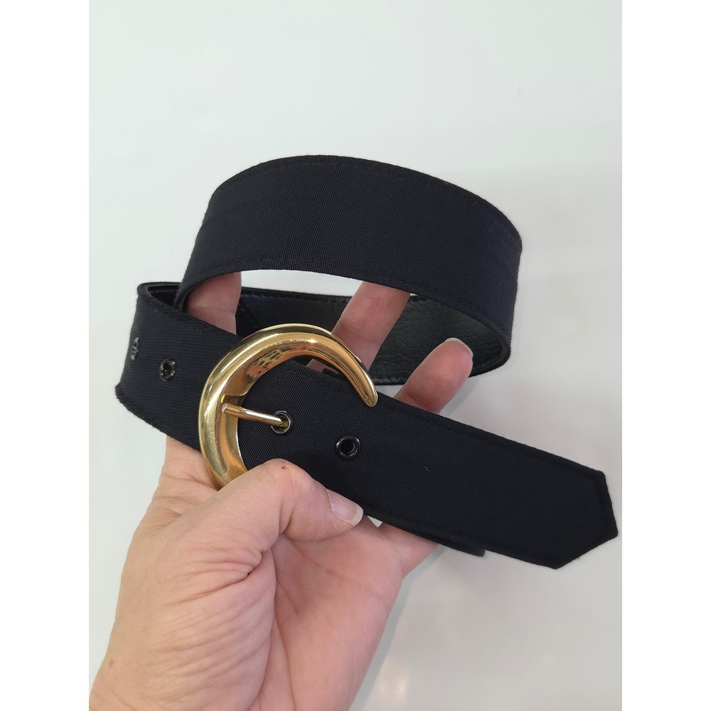 Ribco USA Vintage Navy Fabric Belt Gold Crescent Buckle Wide Waist Belt Size 8
